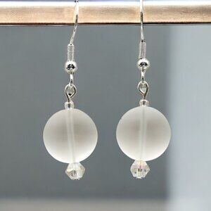 White Circle Sea Glass Earrings | Handmade